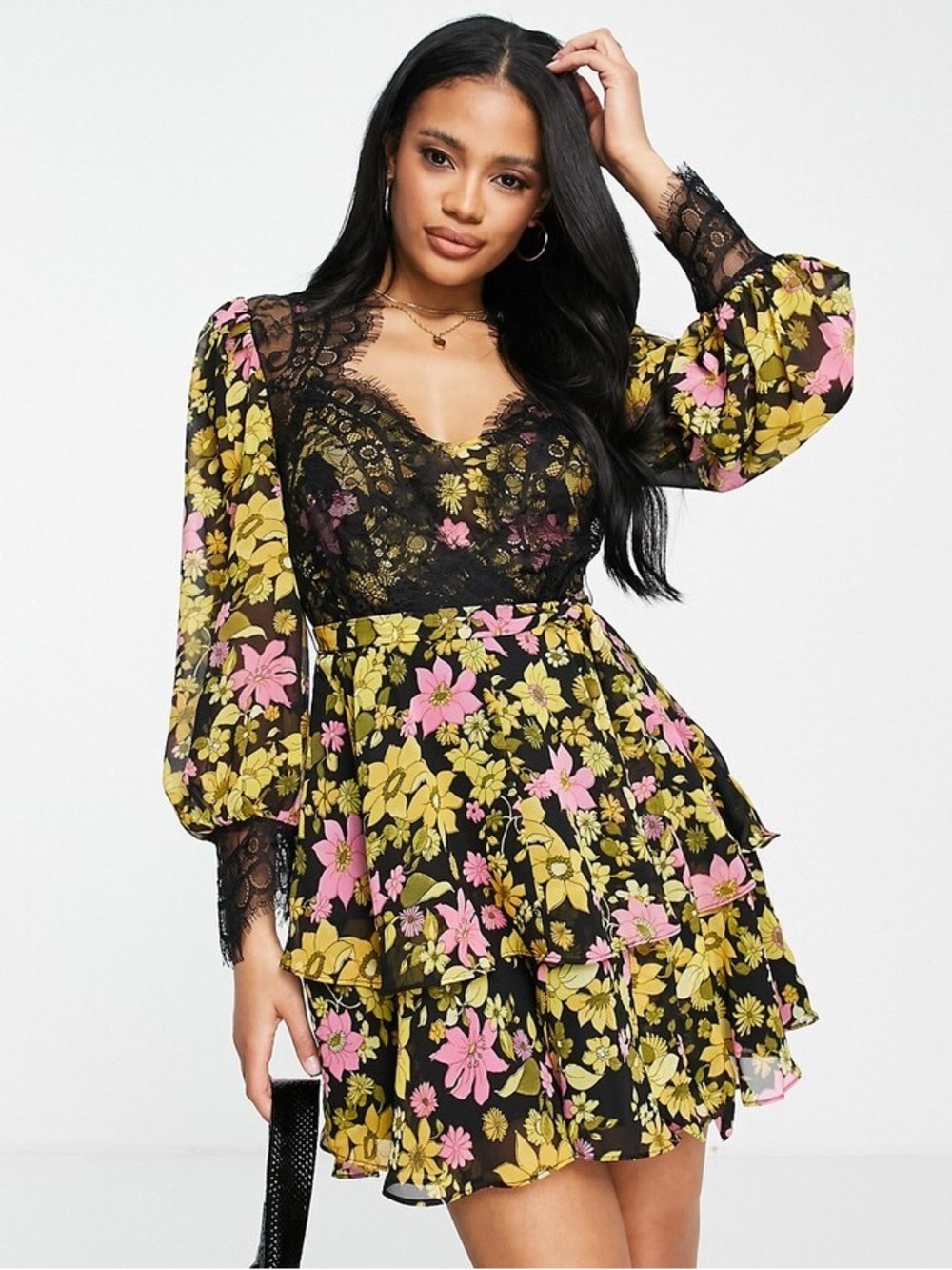 ASOS Floral Lace Trim Mini Dress Long Sleeve Size 10